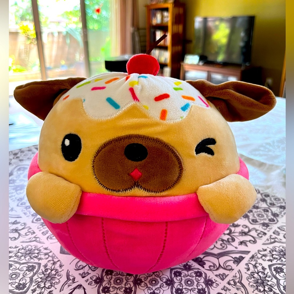 8” Squishmallow dog cupcake with sprinkles and cherry 🍒 on top